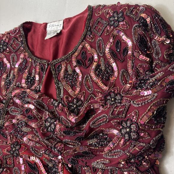 Vintage STENAY Beaded Silk Jacket Size L FLAWS Burgundy Wine Dark Red Floral - Picture 4 of 13